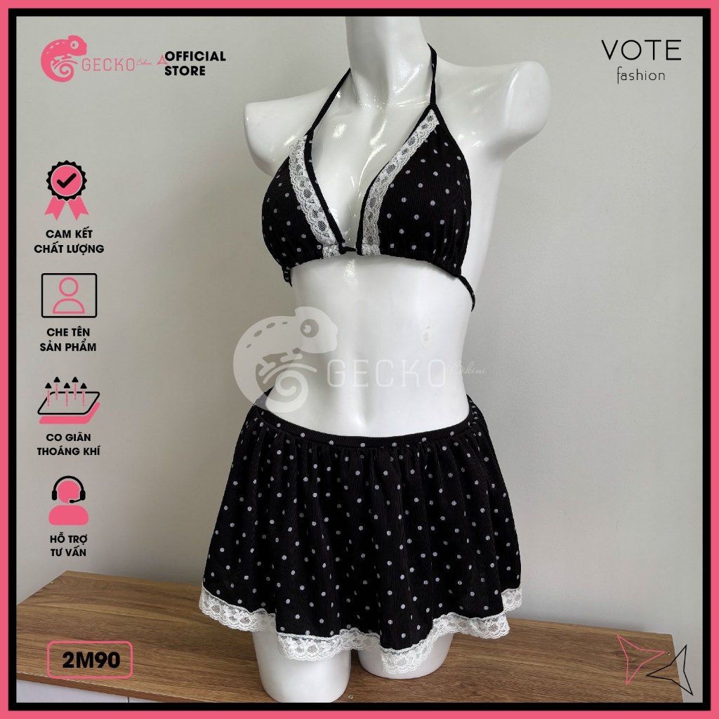  Bikini 2 Mảnh Tam Giác Quần Váy Chấm Bi Phối Ren GECKO 2M90 