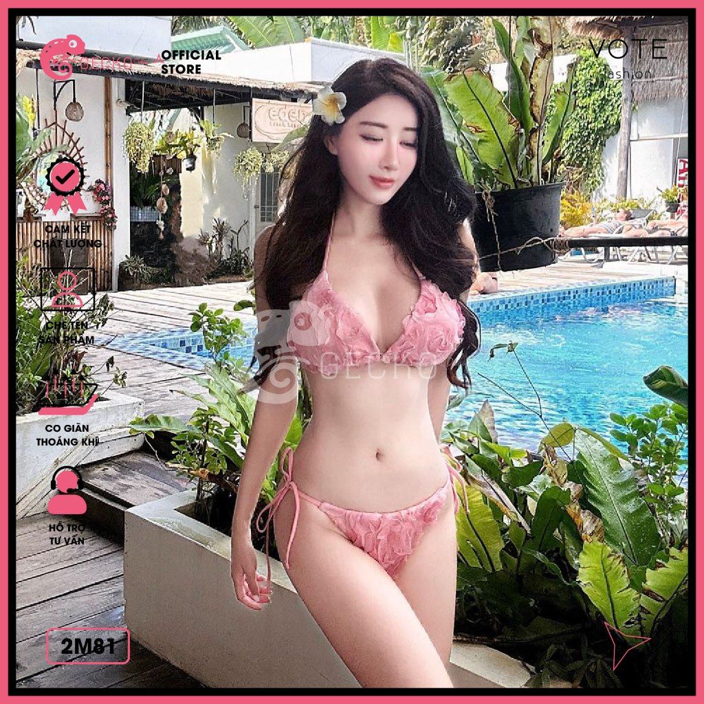  Bikini 2 Mảnh Tam Giác Hoạ Tiết 3D Hoa Hồng GECKO 2M81 