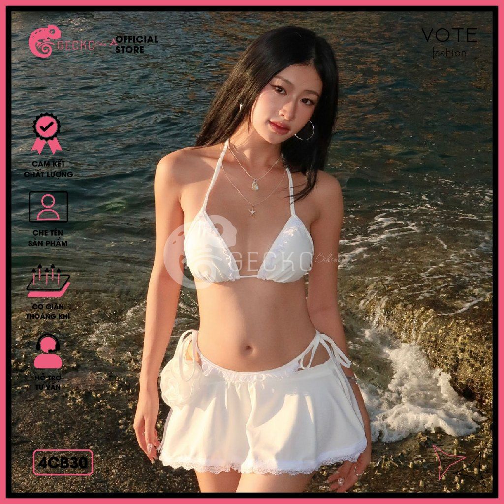  Combo 3 Món Bikini Tam Giác Bèo Phối Váy Chân Ren Hoa GECKO 4CB30 