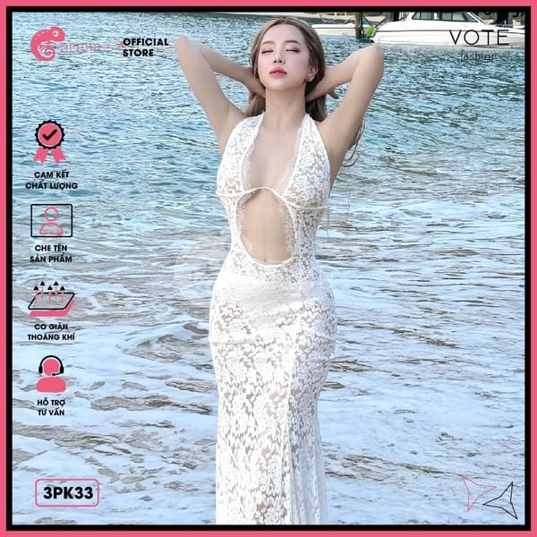  Đầm Ren Dáng Dài Hở Lưng Phối Chân Ren Mặc Cùng Bikini GECKO 3PK33 