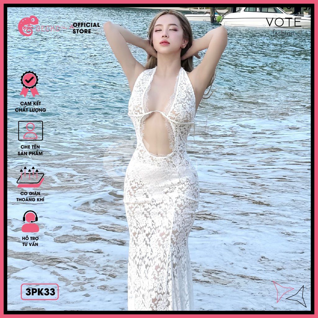  Đầm Ren Dáng Dài Hở Lưng Phối Chân Ren Mặc Cùng Bikini GECKO 3PK33 