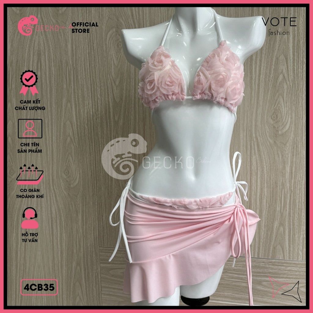  Combo 3 Món Bikini Hoa Hồng Phối Váy Cute GECKO 4CB35 