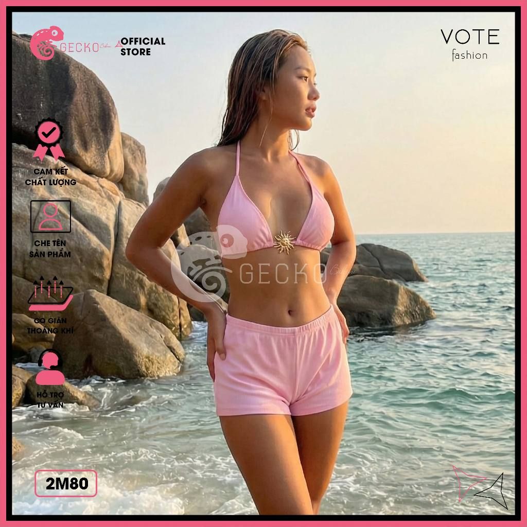  Bikini 2 Mảnh Tam Giác Mix Khoen Mặt Trời Quần Đùi Tăm Lạnh Cute GECKO 2M80 