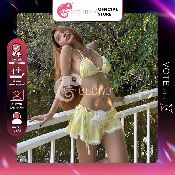 Combo 3 Món Bikini Tam Giác Bèo Phối Váy Chân Ren Hoa GECKO 4CB30 