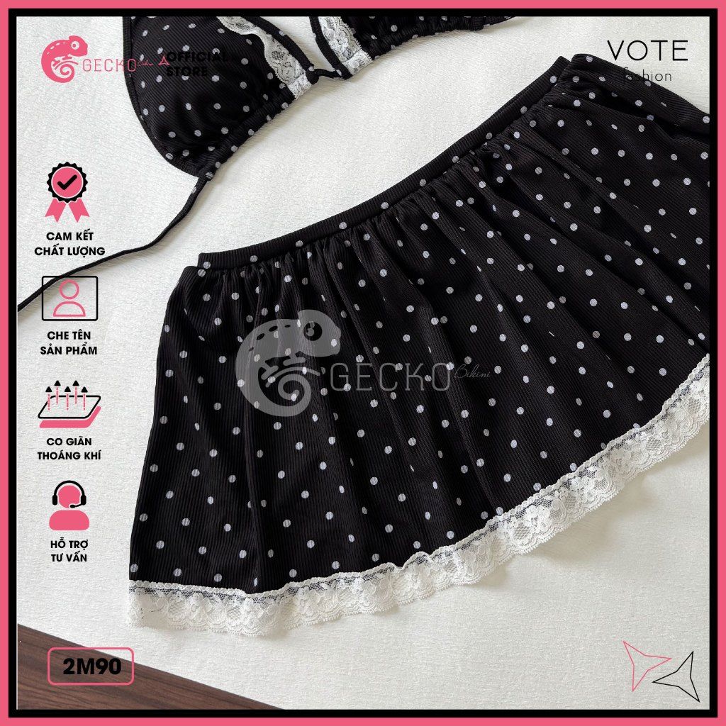 Bikini 2 Mảnh Tam Giác Quần Váy Chấm Bi Phối Ren GECKO 2M90 