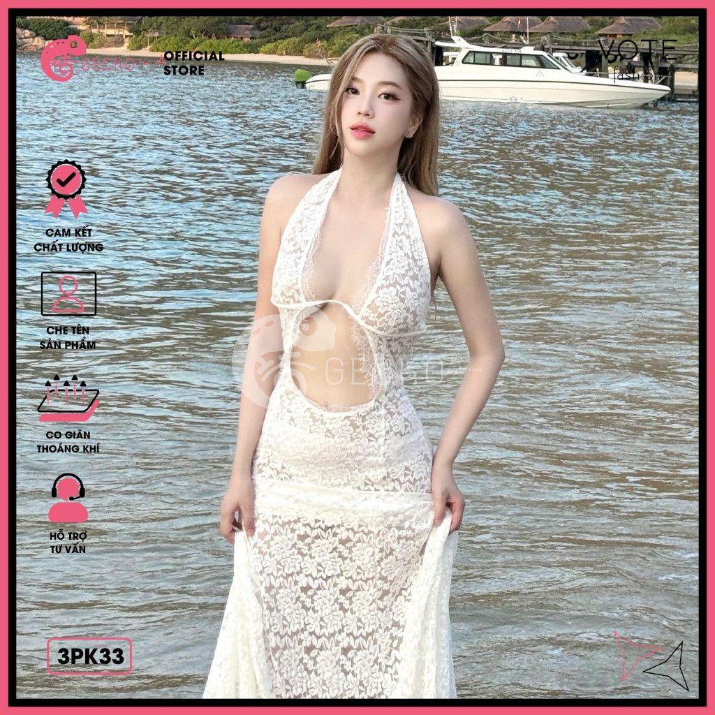  Đầm Ren Dáng Dài Hở Lưng Phối Chân Ren Mặc Cùng Bikini GECKO 3PK33 