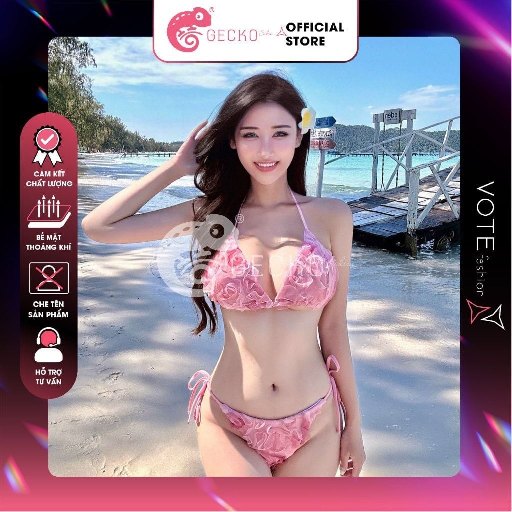  Bikini 2 Mảnh Tam Giác Hoạ Tiết 3D Hoa Hồng GECKO 2M81 