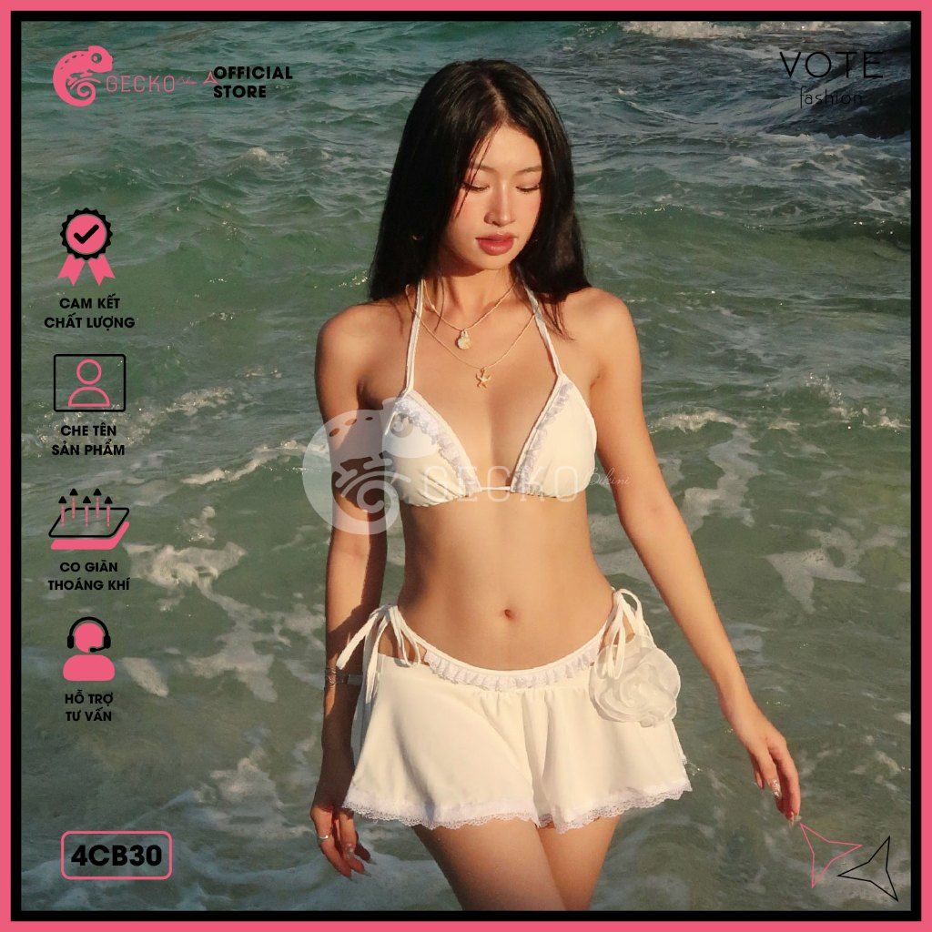  Combo 3 Món Bikini Tam Giác Bèo Phối Váy Chân Ren Hoa GECKO 4CB30 