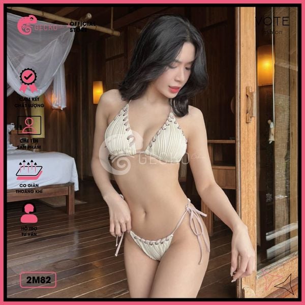  Bikini 2 Mảnh Tam Giác Hoạ Tiết Gợn Sóng Mix Dây Màu Nude Dễ Thương GECKO 2M82 