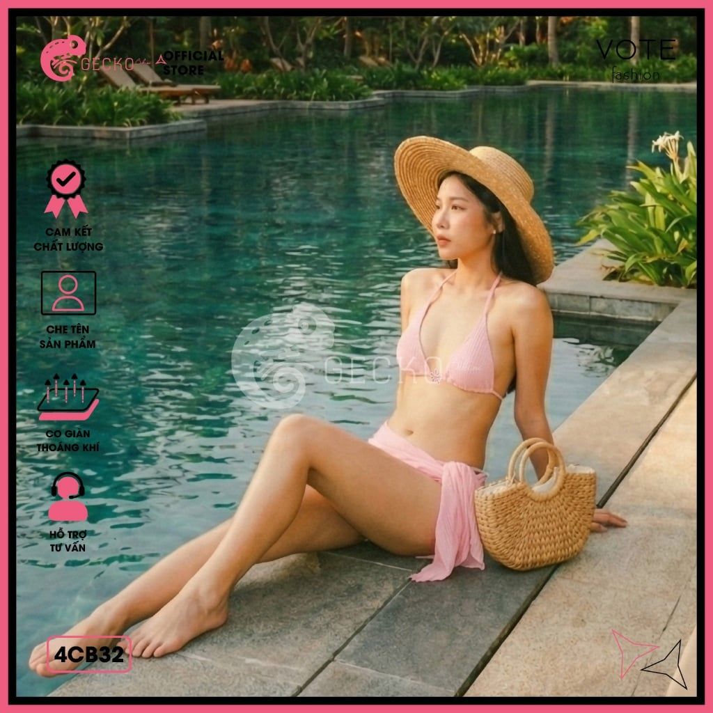  Combo 3 Món Bikini Tam Giác Mix Khoen Charm Kèm Khăn Cute GECKO 4CB32 