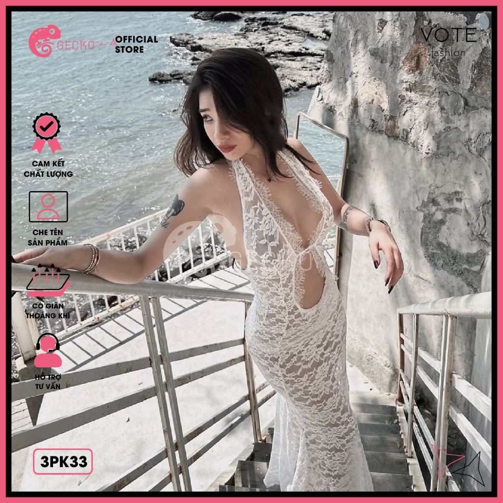 Đầm Ren Dáng Dài Hở Lưng Phối Chân Ren Mặc Cùng Bikini GECKO 3PK33 