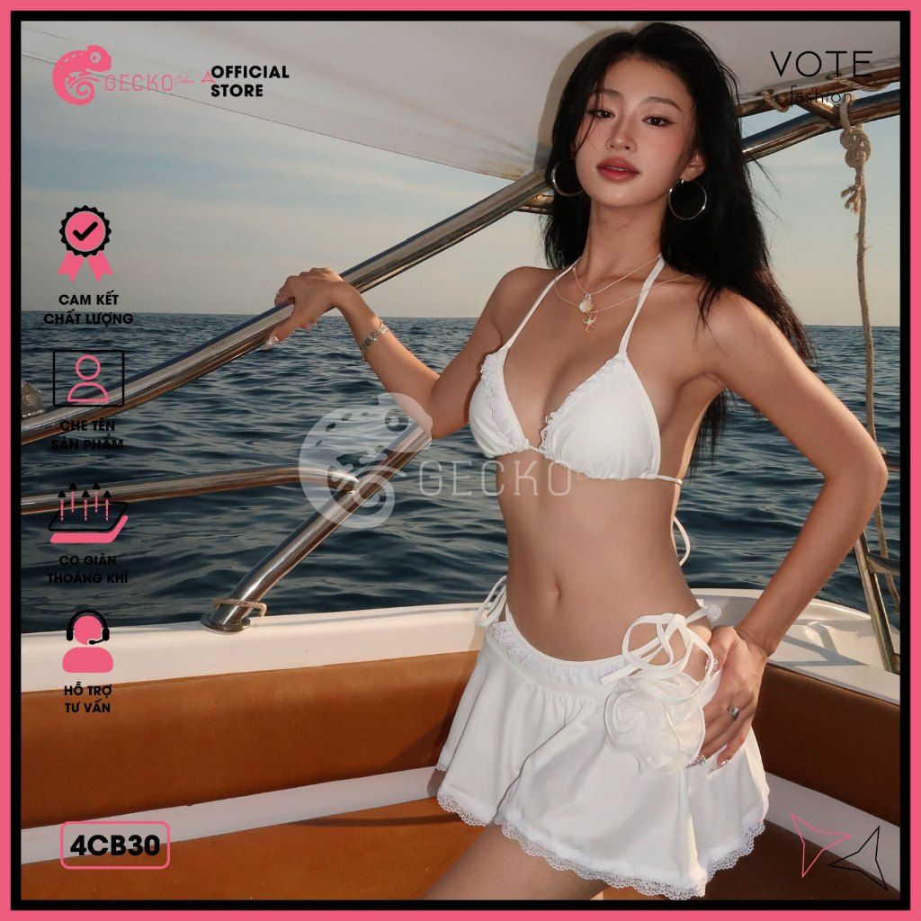  Combo 3 Món Bikini Tam Giác Bèo Phối Váy Chân Ren Hoa GECKO 4CB30 