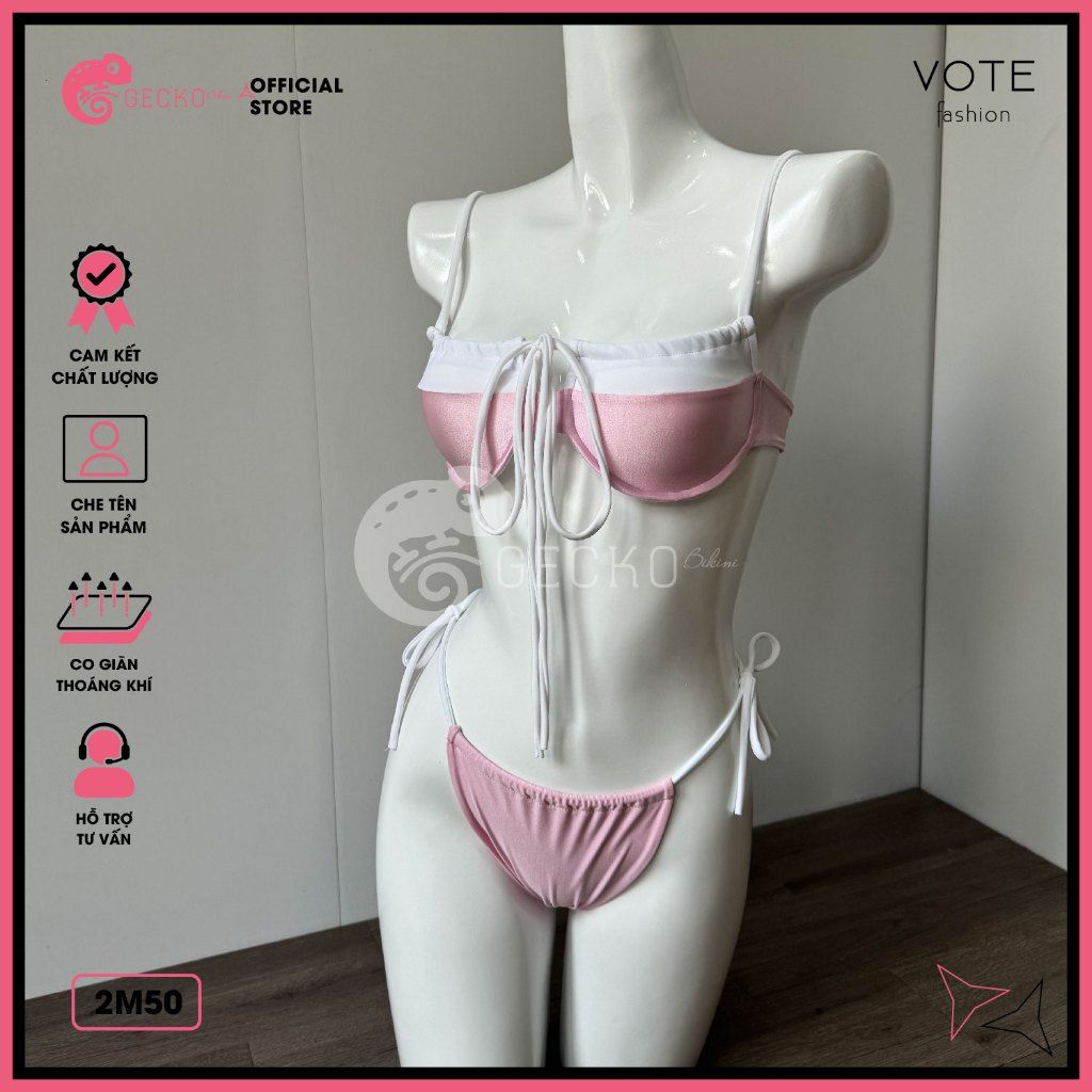  Bikini 2 Mảnh Gọng Áo Phối Line Trắng Rút Dây Vintage GECKO 2M50 