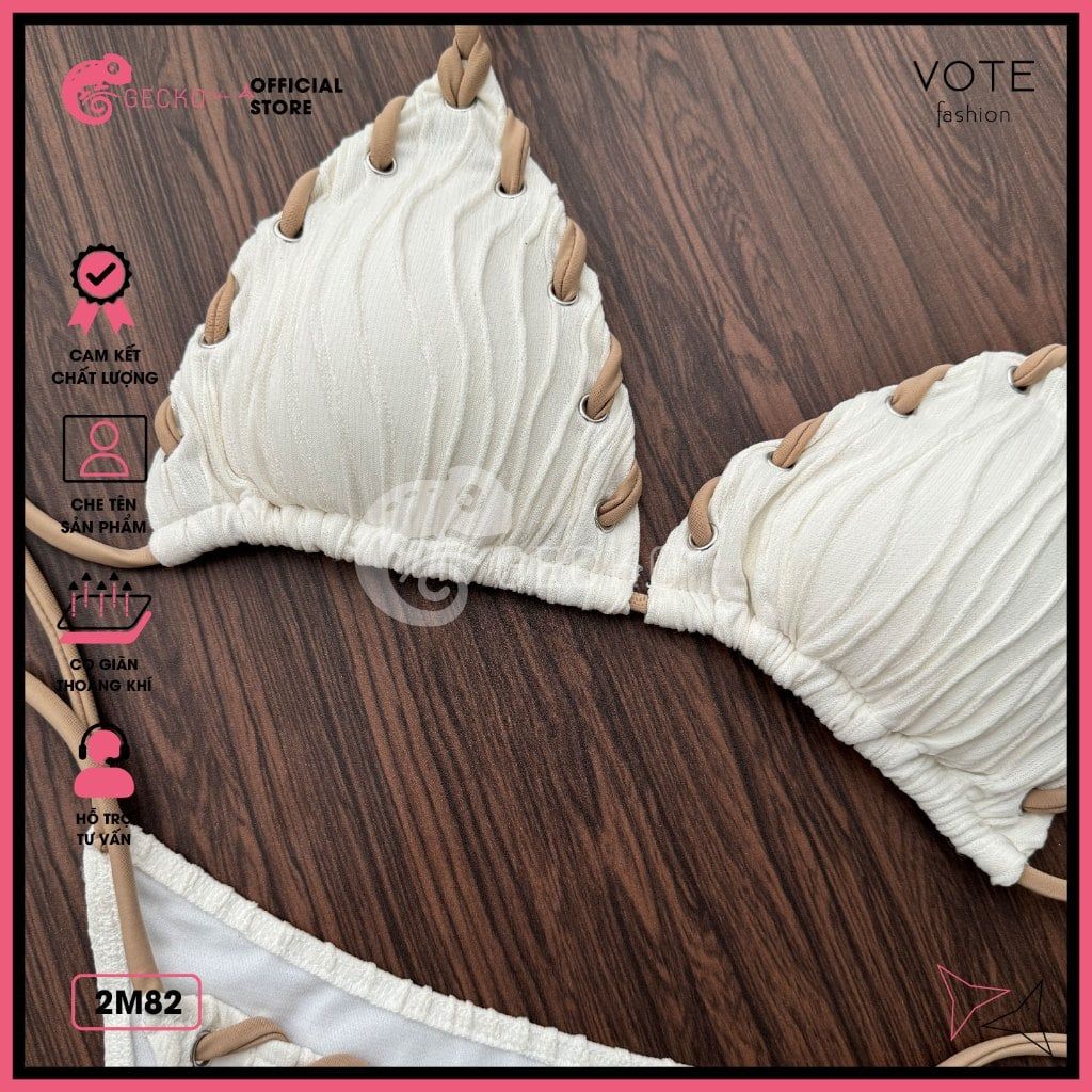  Bikini 2 Mảnh Tam Giác Hoạ Tiết Gợn Sóng Mix Dây Màu Nude Dễ Thương GECKO 2M82 
