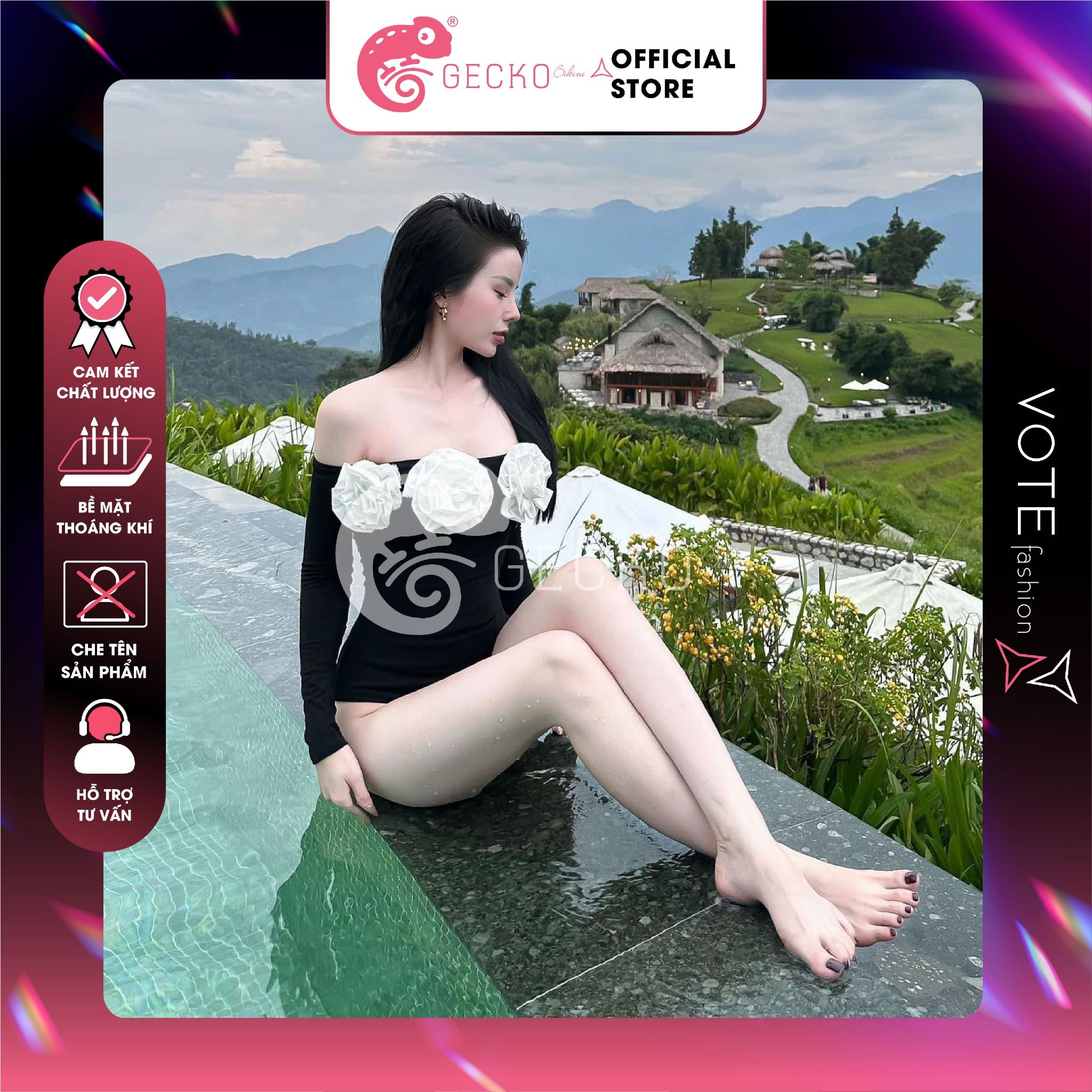  Bikini 1 Mảnh Trễ Vai Tay Dài Kèm Hoa GECKO 1M07 