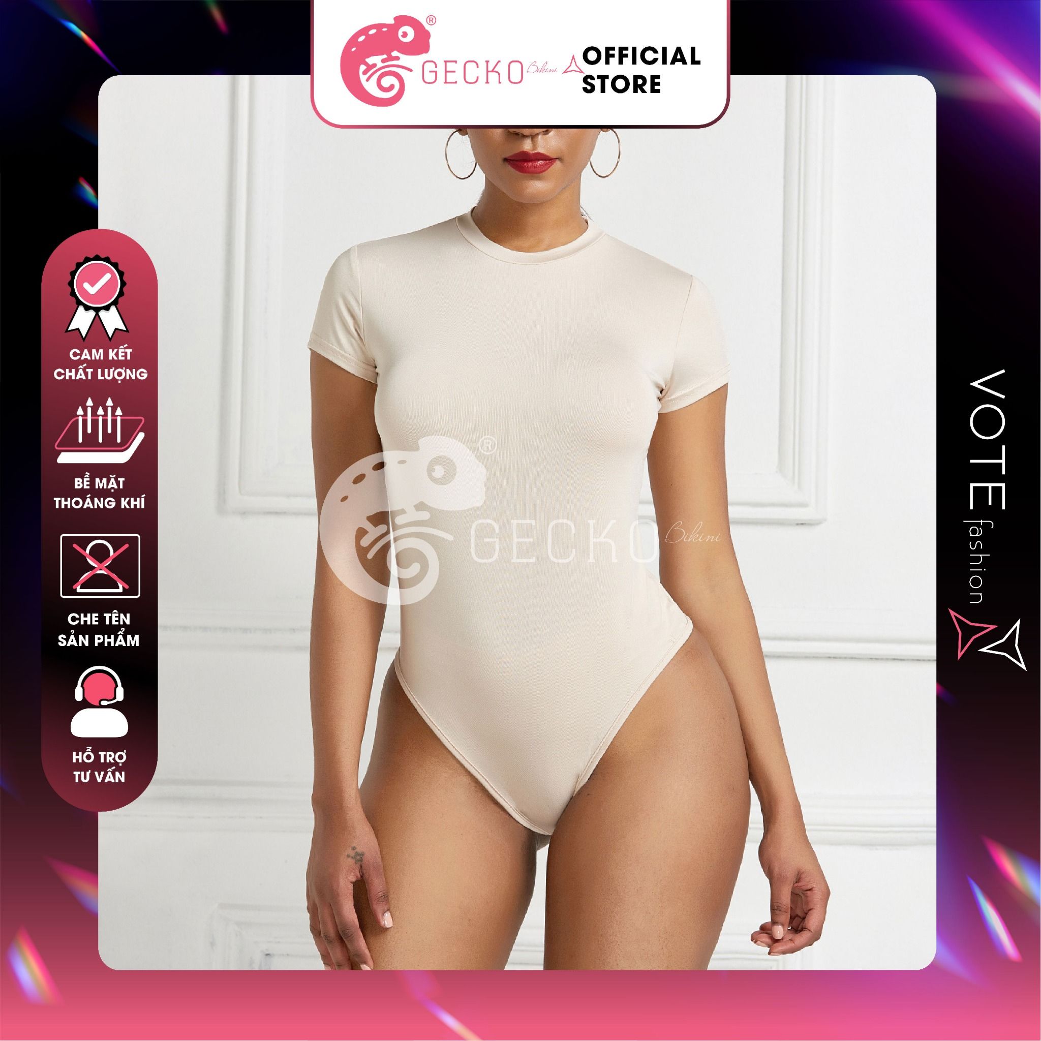  Bikini 1 Mảnh Áo Thun Bodysuit Không Có Mút Tay Ngắn Đáy Chip GECKO 1M27 