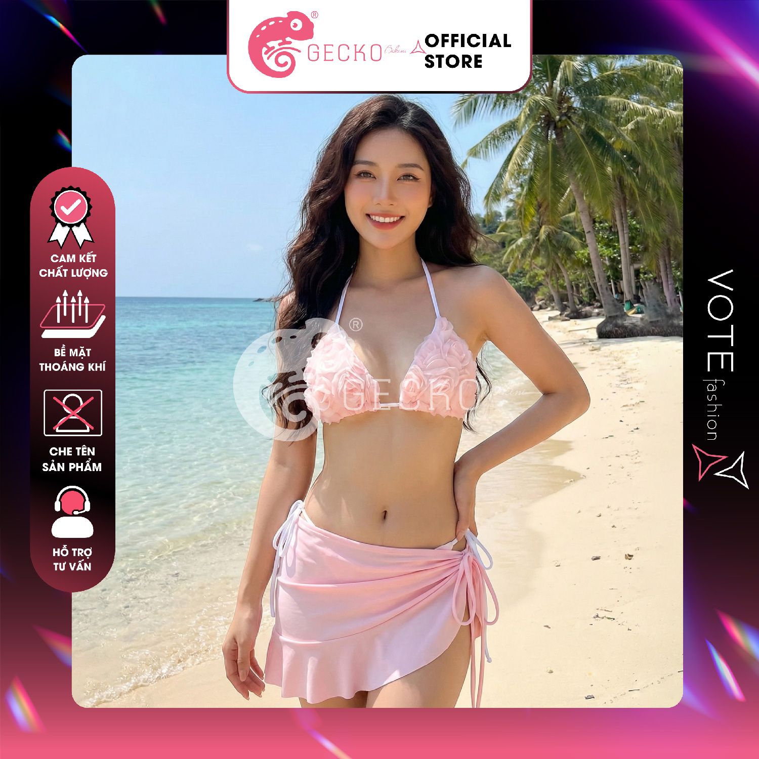  Combo 3 Món Bikini Hoa Hồng Phối Váy Cute GECKO 4CB35 