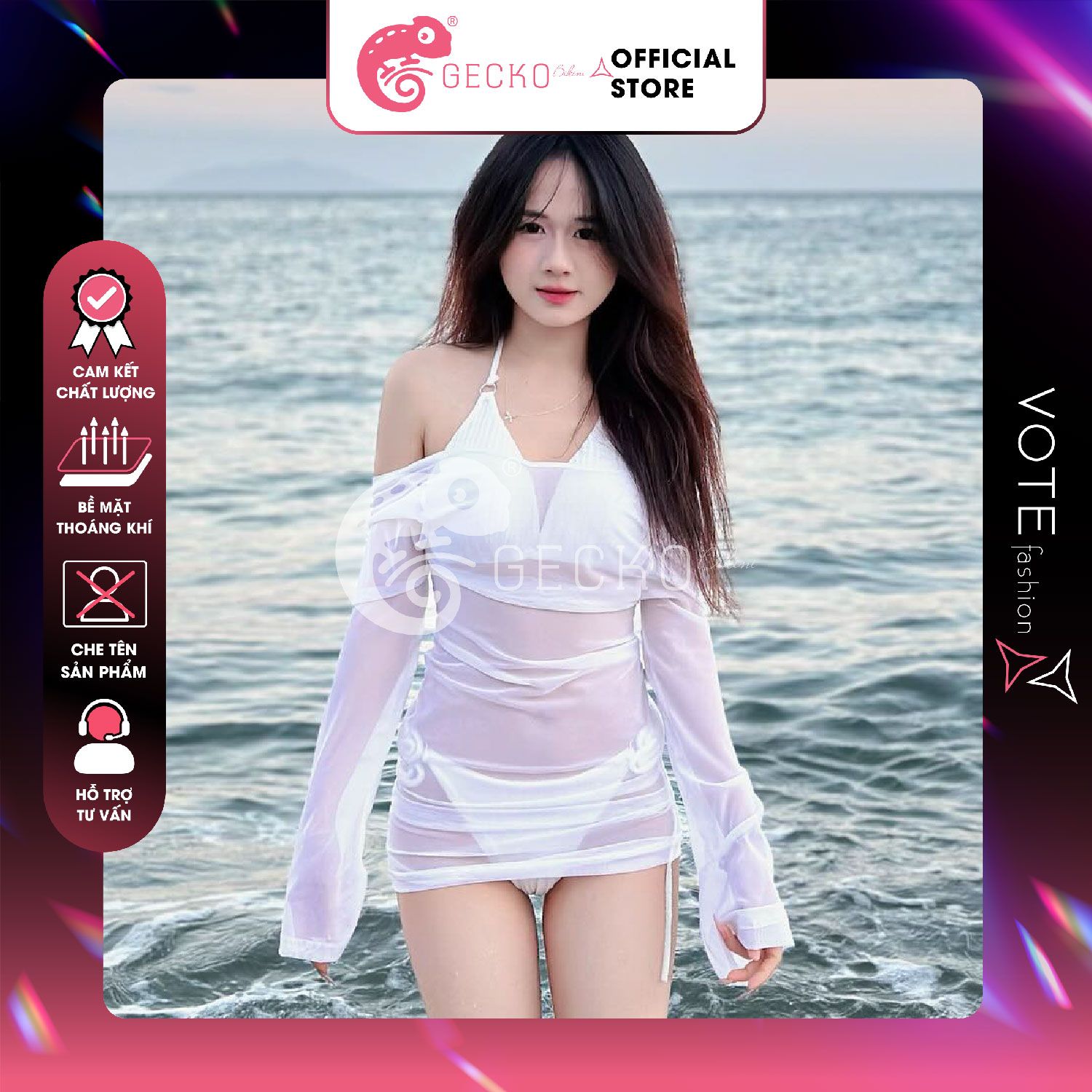  Combo 3 Món Bikini 6 Khoen Phối Áo Lưới Khoét Dáng Ngắn GECKO 4CB26 