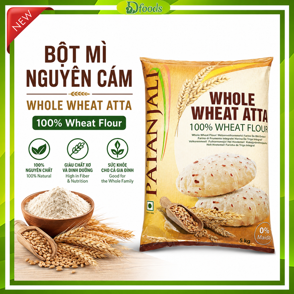 Bột mì nguyên cám Atta Patanjali Ấn Độ túi 5kg