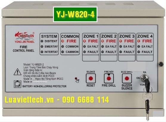  Trung tâm báo cháy Yong Jin 4 zone YJ-W820-4 kết nối đầu báo beam kiểm định, có tem kiểm định của Bộ Công An 