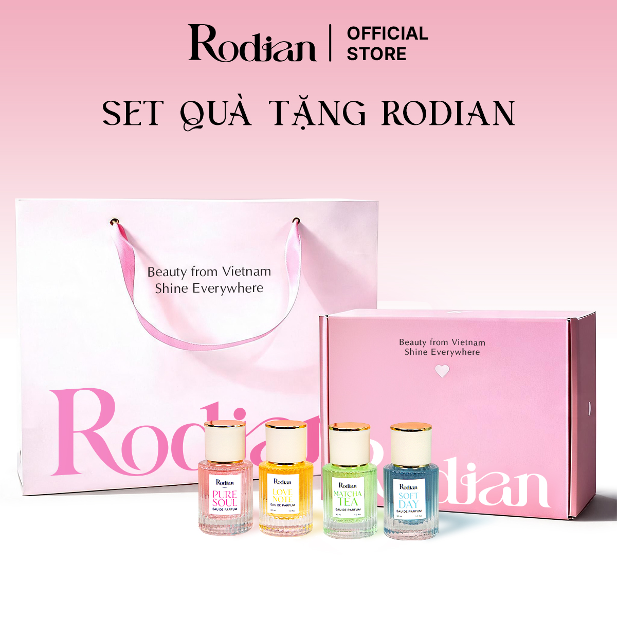 [Set quà tặng doanh nghiệp] Combo 4 chai nước hoa Pure Soul, Soft Day, Love Note, Matcha Tea dung tích 30ml nhà Rodian