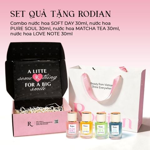 [Set quà tặng doanh nghiệp] Combo 4 chai nước hoa Pure Soul, Soft Day, Love Note, Matcha Tea dung tích 30ml nhà Rodian