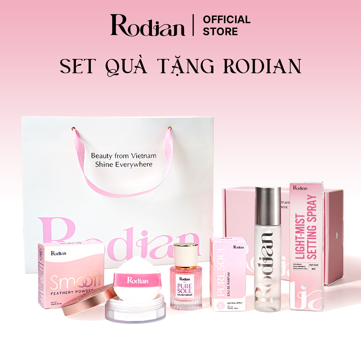 [Set quà tặng doanh nghiệp] Combo 3 sản phẩm phấn phủ bột màu 01, xịt khóa nền và nước hoa Pure Soul dung tích 30ml nhà Rodian
