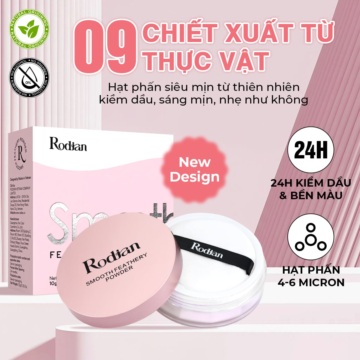 PHẤN PHỦ BỘT KIỀM DẦU RODIAN MỊN LÌ TỰ NHIÊN, LÀNH TÍNH TỪ 09 LOẠI THỰC VẬT