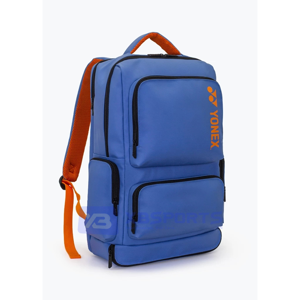 Balo cầu lông Yonex BAG525B1212Z màu Riviera xanh dương, dáng vuông vức nhiều ngăn khóa kéo, quai đeo màu cam nổi bật, logo YONEX cam dọc thân