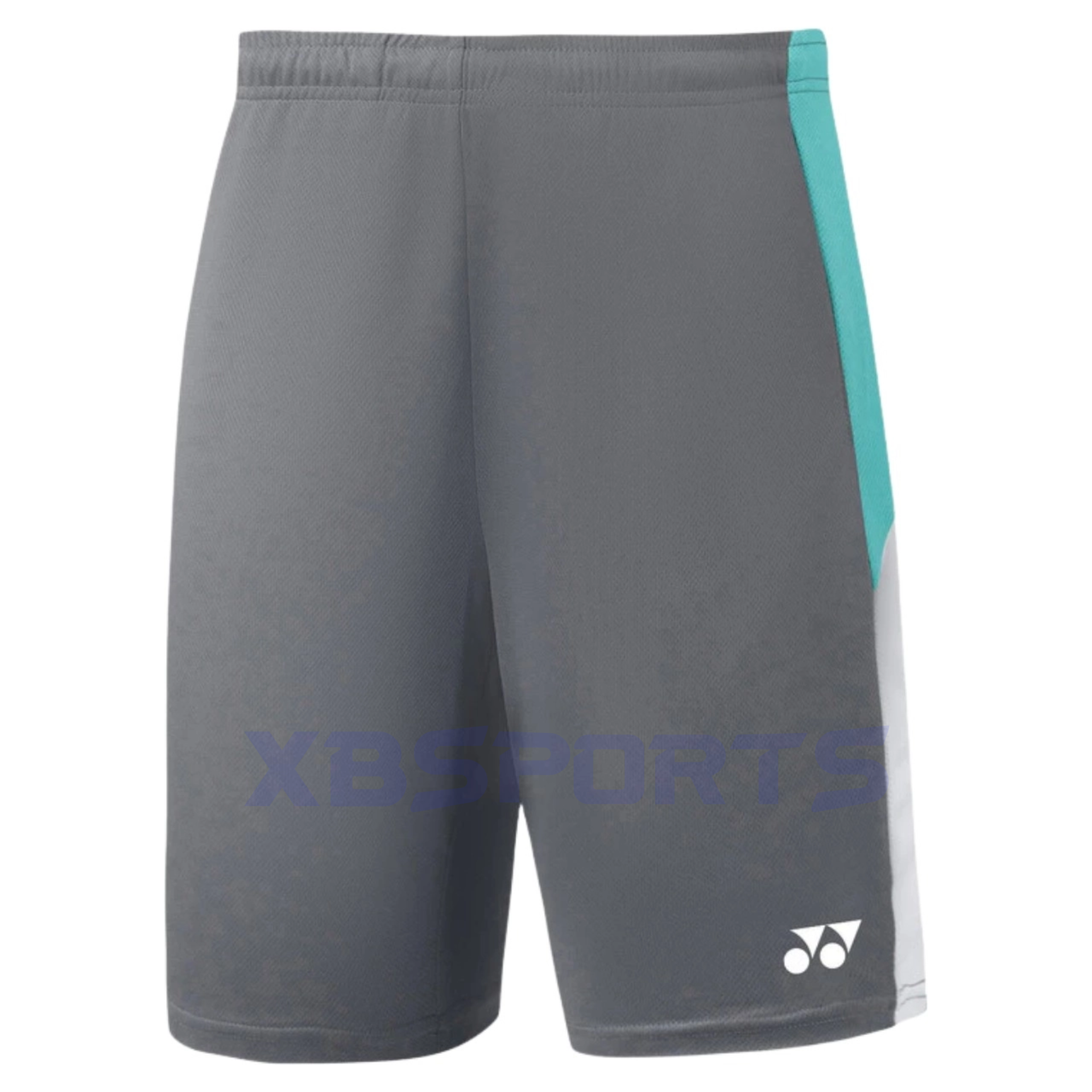 Quần short thể thao màu xám, dải phối màu xanh mint và trắng chạy dọc bên hông phải, cạp chun, logo Yonex màu trắng ở ống quần