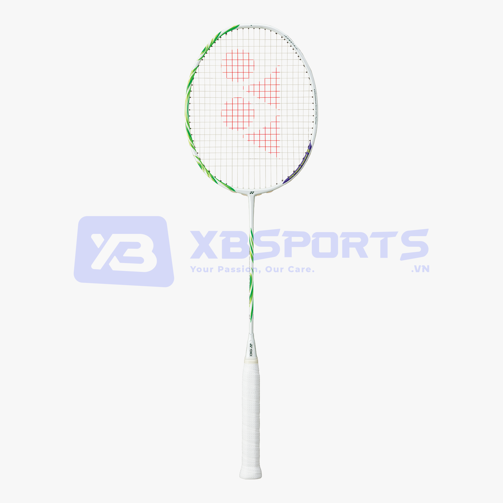 Vợt cầu lông Yonex Astrox 100ZZ VA màu xám be nhạt, dải xanh lá neon xoắn dọc thân vợt lên khung, chi tiết tím ở cổ đũa, dây trắng logo YY đỏ, cán quấn trắng