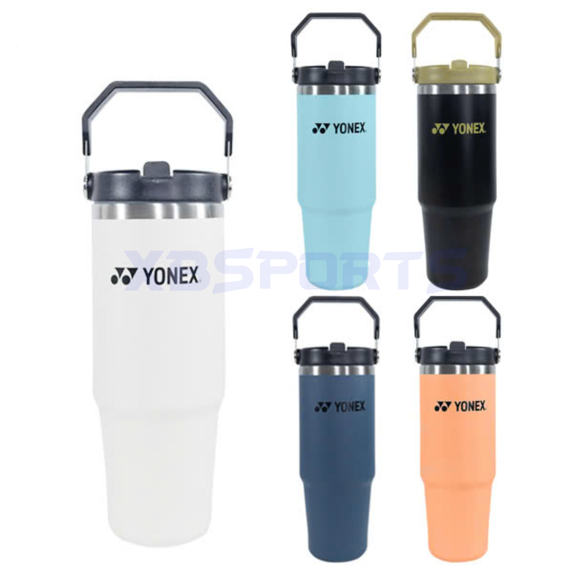 Năm màu bình nước giữ nhiệt Yonex TF-Y037-850: trắng, xanh mint nhạt, đen quai olive, xanh navy xám và cam đào, đều có quai xách gập và nắp ống hút
