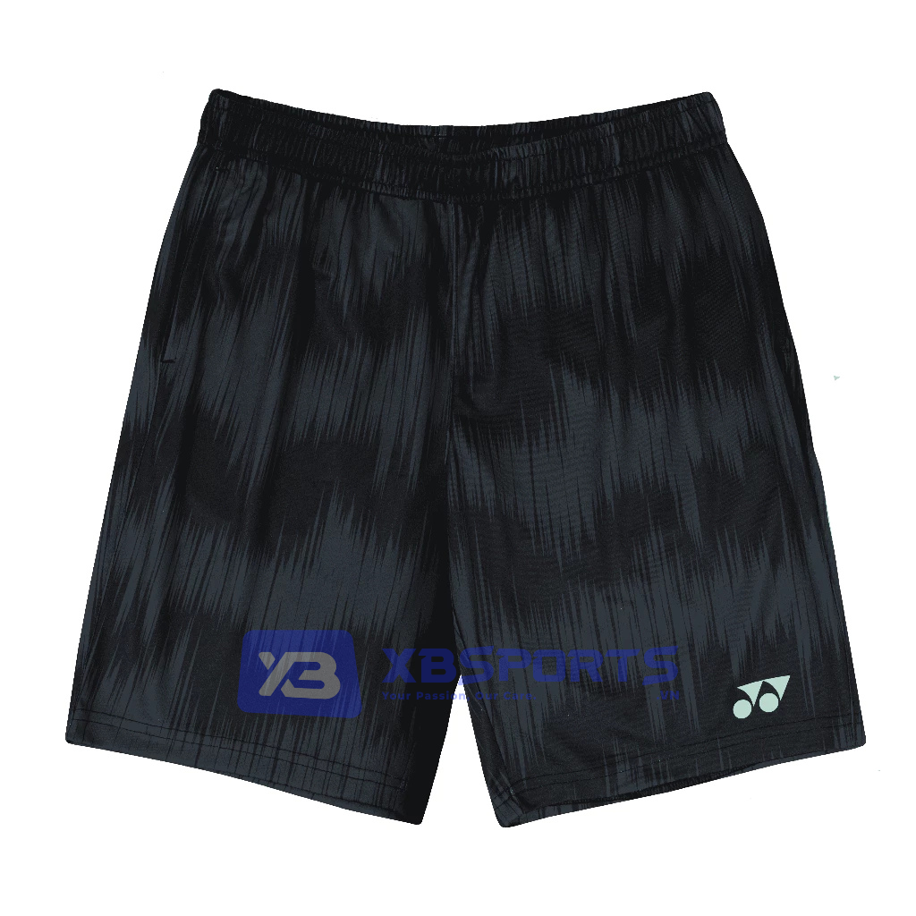 Quần cầu lông Yonex TSM3249 màu Jet Black đen, họa tiết vệt loang tone-sur-tone chạy dọc phủ toàn thân, cạp chun, logo Yonex sáng ở ống quần phải