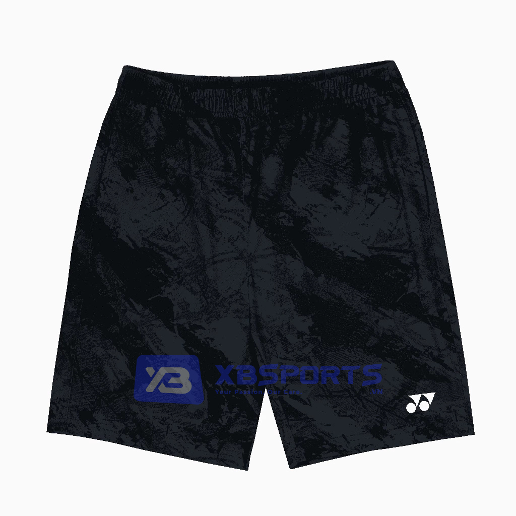 Quần cầu lông Yonex TSM3248 màu Jet Black đen, họa tiết vân đá marble tone-sur-tone phủ toàn thân, cạp chun, logo Yonex trắng ở ống quần phải