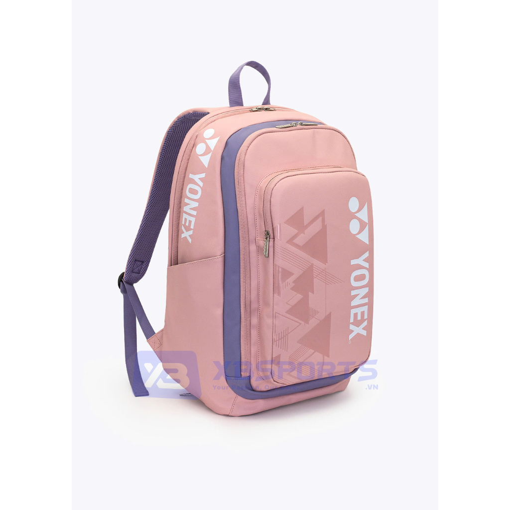 Balo cầu lông Yonex BAG525B1012Z màu Silver Pink hồng phấn, viền và quai đeo tím lavender, họa tiết chevron chìm, logo YONEX trắng dọc thân
