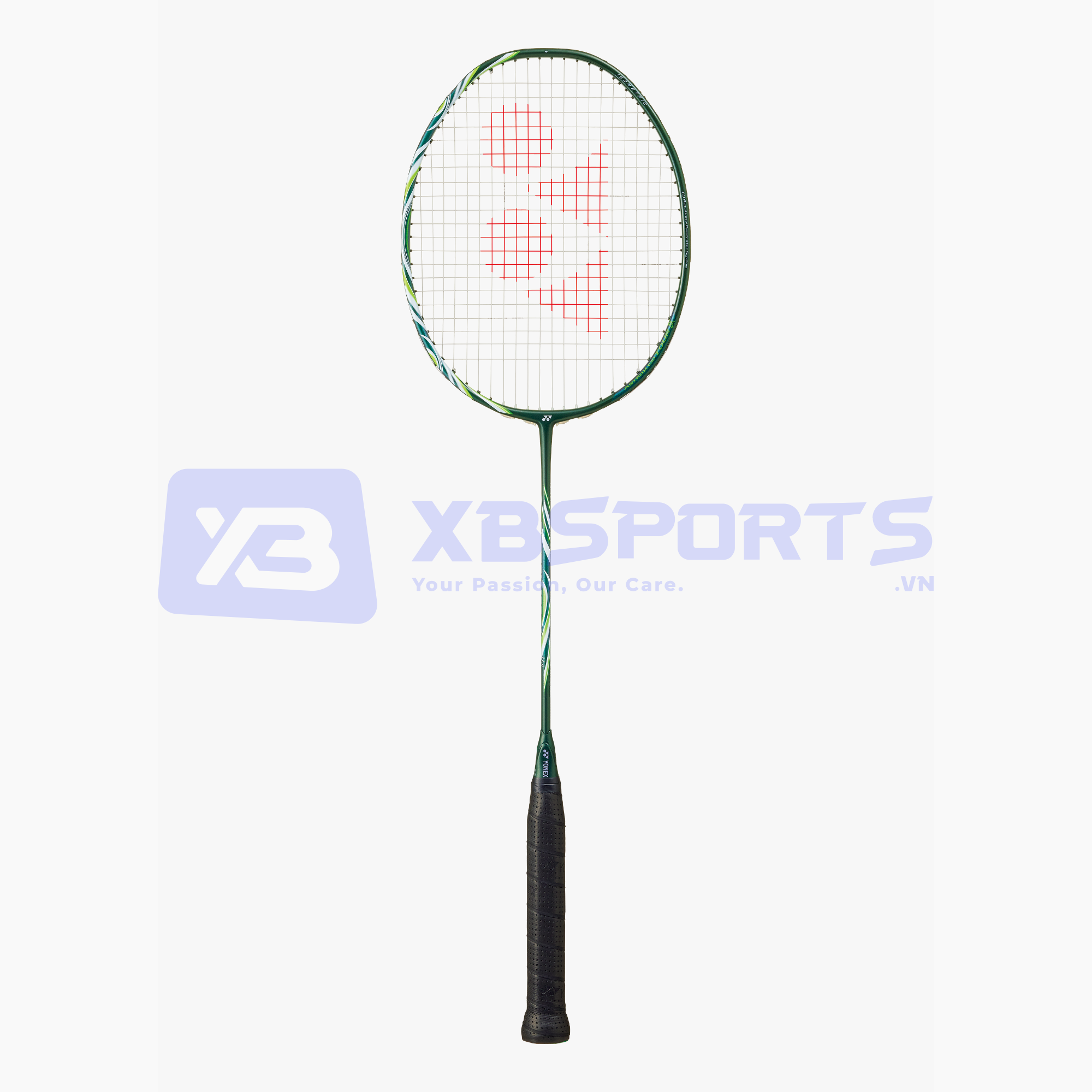 Vợt cầu lông Yonex Astrox 100 Tour VA màu xanh ô liu đậm, họa tiết xanh lá và trắng ở khung, logo YY đỏ trên mặt lưới trắng, cán quấn đen