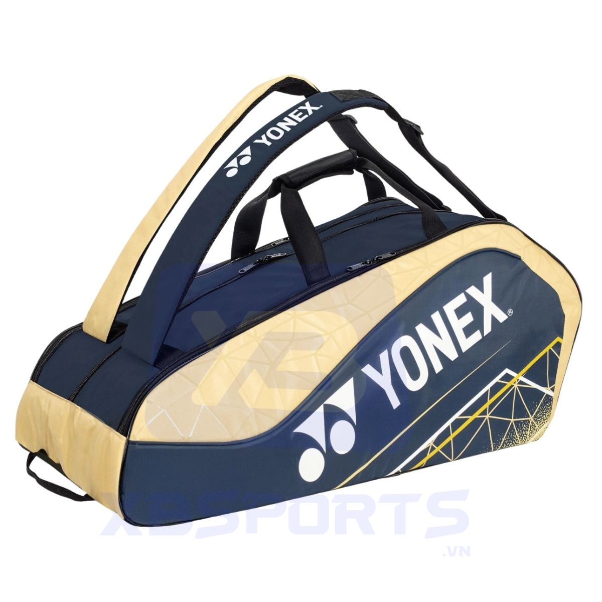 Túi cầu lông dáng hộp dài màu xanh navy phối kem, logo YONEX màu trắng, họa tiết lưới hình học ở thân túi, hai dây đeo vai có đệm và quai xách đen