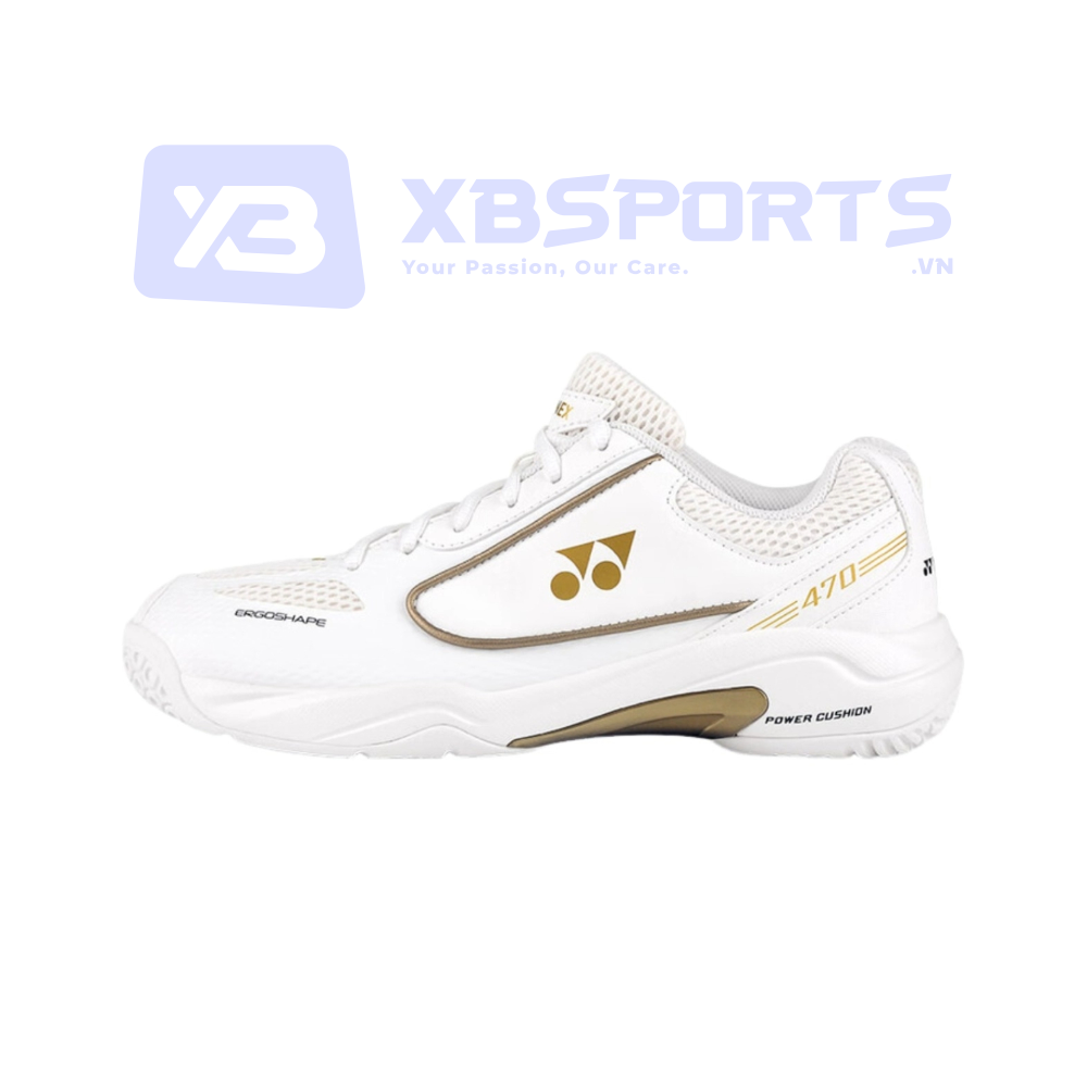 Giày cầu lông Yonex SHB 470CR màu trắng phối vàng đồng, logo YY vàng ở thân giày, chữ 470 và POWER CUSHION ở gót, chữ ERGOSHAPE ở mũi giày