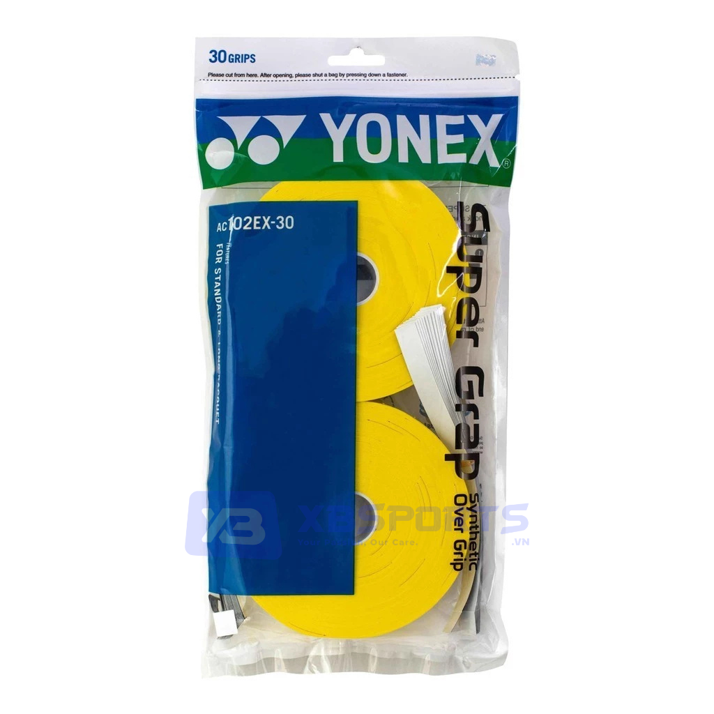 Túi quấn cán Yonex Super Grap AC102EX-30 gồm 30 miếng, bao bì xanh dương in logo YONEX trắng và chữ 30 Grips, các cuộn quấn cán màu vàng bên trong