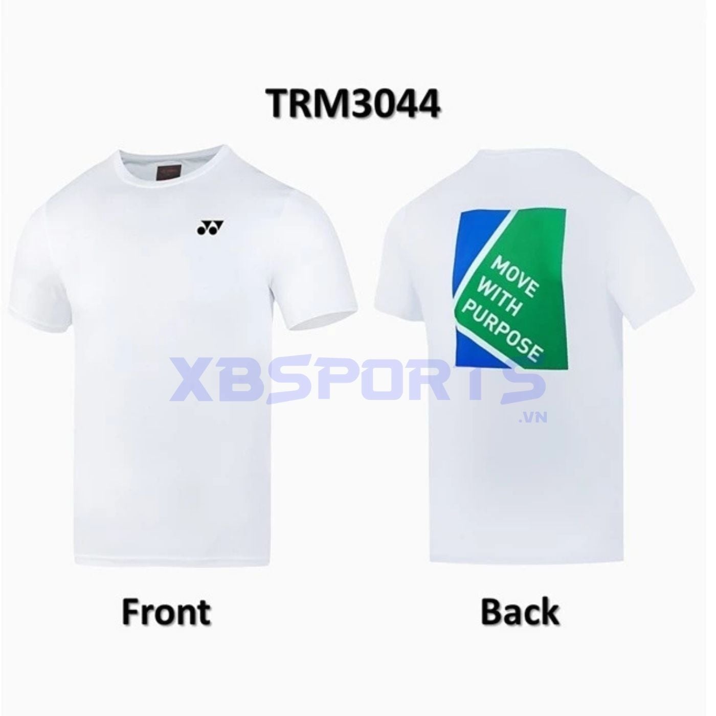 Hai mặt của áo thun thể thao màu trắng: mặt trước trơn chỉ có logo Yonex đen ở ngực trái, mặt sau in khối màu xanh lá và xanh dương cắt chéo kèm dòng chữ MOVE WITH PURPOSE
