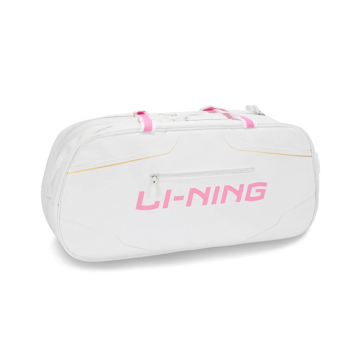 Mặt sau bao vợt Li-Ning ABLW117 màu trắng, in chữ LI-NING màu hồng cỡ lớn, có một ngăn khóa kéo ngang, đường viền chỉ vàng gold, quai đeo phối hồng