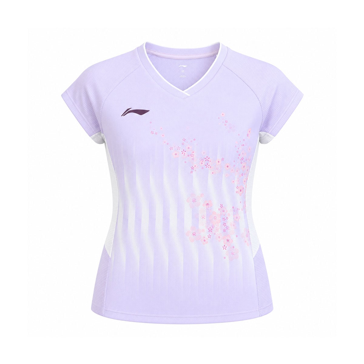 Áo cầu lông nữ Li-Ning AAYW210 màu Clove Purple, áo tím lavender cổ chữ V viền trắng, logo Li-Ning màu tím đậm, họa tiết hoa anh đào hồng rải xuống thân, hai bên hông có mảng lưới trắng