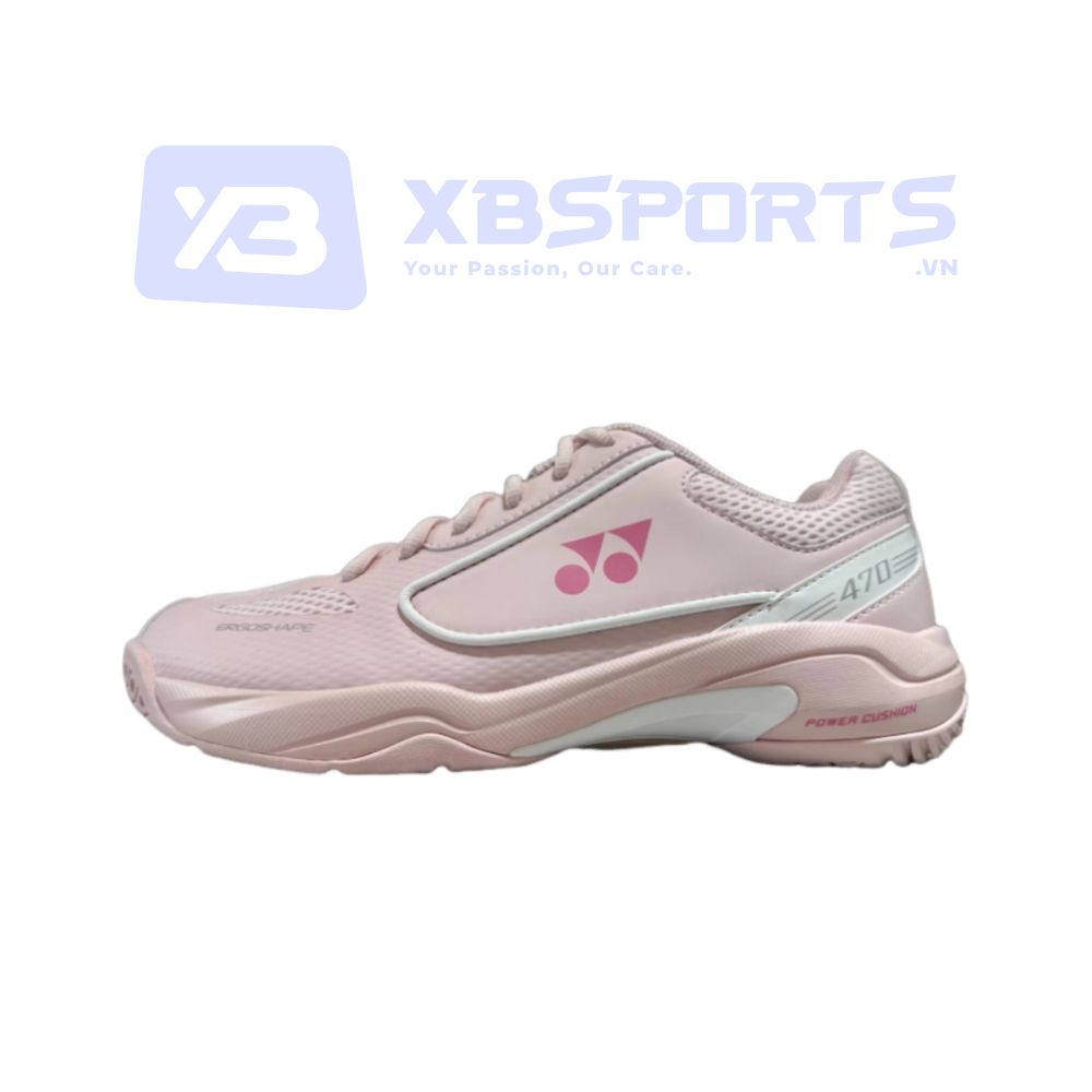 Giày cầu lông Yonex SHB 470CR màu hồng pastel, logo YY hồng đậm ở thân giày, viền trắng, chữ 470 và POWER CUSHION ở gót giày