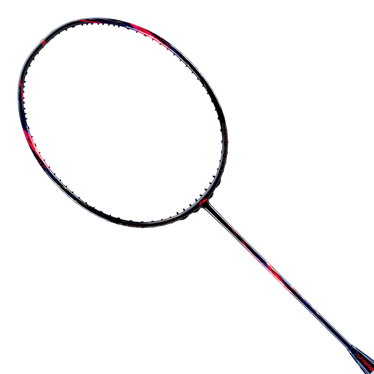 Vợt cầu lông Lining Axforce 90 LKY China Masters 2026 nguyên cây, khung đen bóng phối họa tiết đỏ hồng và xanh dương ở hai vai khung, đũa đen vân đỏ xanh