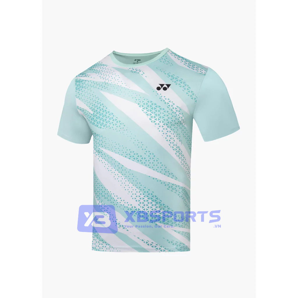 Áo cầu lông Yonex TRM3222 màu Brook Green xanh mint pastel, cổ tròn, họa tiết sọc chéo trắng kết hợp lưới chấm tam giác phủ từ ngực xuống gấu, logo Yonex đen ở ngực