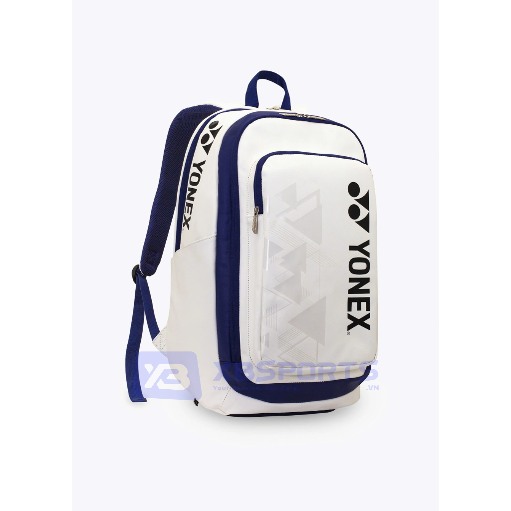 Balo cầu lông Yonex BAG525B1012Z màu Bright White trắng bóng chất liệu PU, viền và quai đeo xanh navy, họa tiết chevron chìm, logo YONEX đen dọc thân