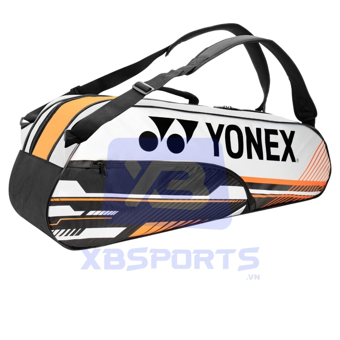 Túi cầu lông dáng hộp dài màu trắng phối cam và navy, logo YONEX màu xanh đen cỡ lớn, ngăn phụ có khóa kéo riêng ở mặt trước, dây đeo vai có đệm và quai xách