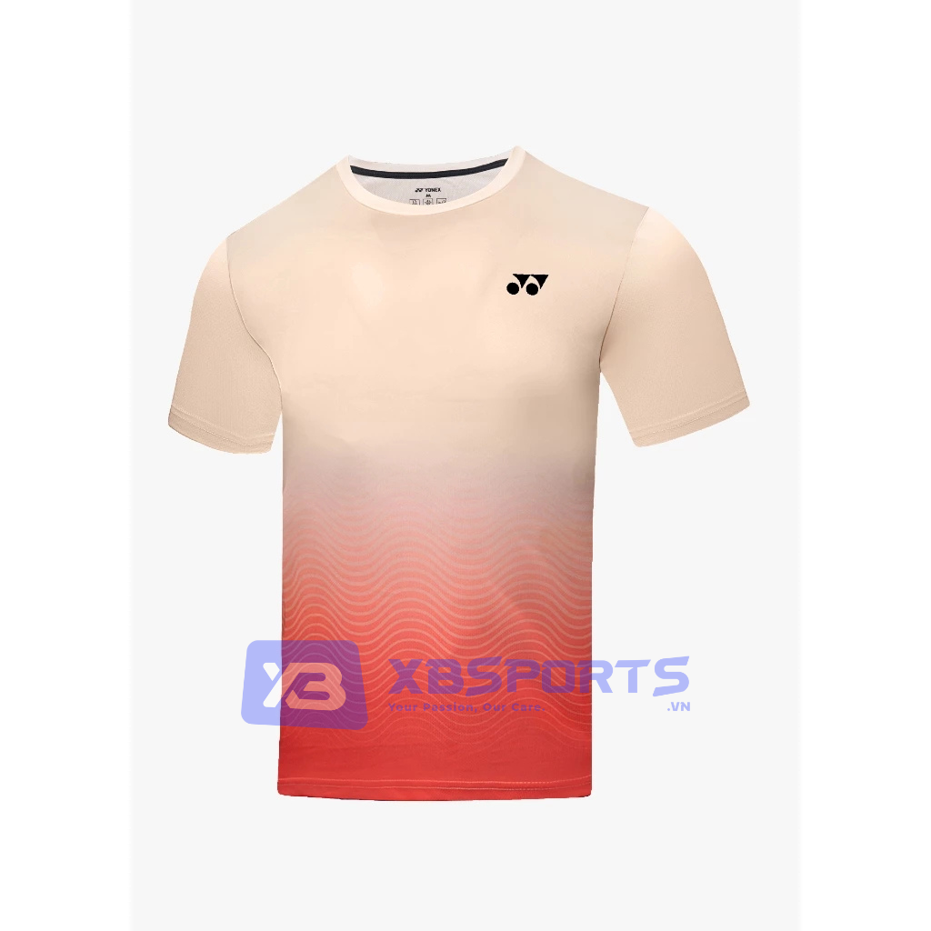 Áo cầu lông Yonex TRM3240 màu Alesan, cổ tròn, gradient chuyển từ kem ở vai xuống cam đỏ ở gấu kèm họa tiết vân sóng lượn, logo Yonex đen ở ngực