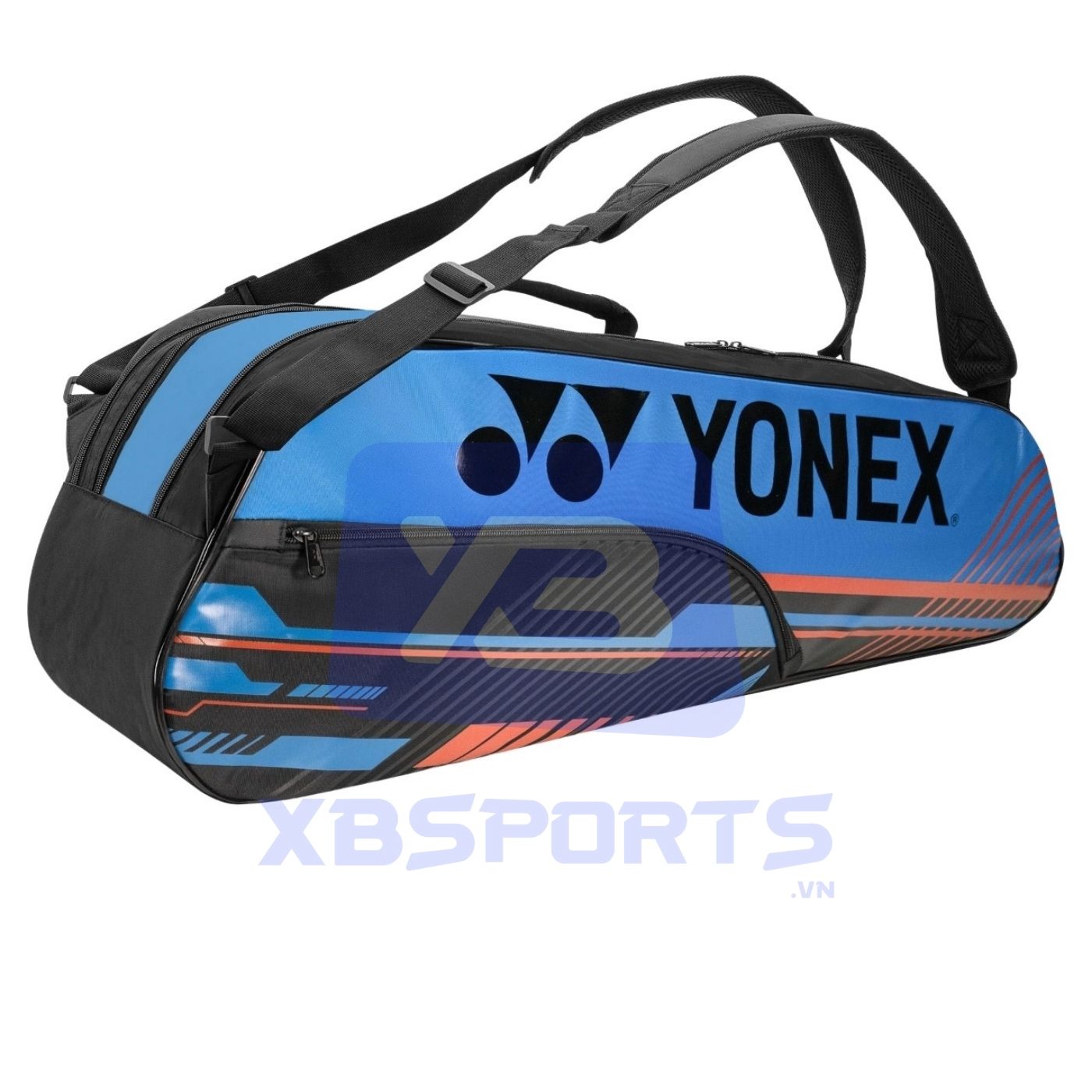 Túi cầu lông màu xanh dương chuyển sắc phối đen và cam, logo YONEX màu xanh đen, họa tiết sọc kỹ thuật ở nửa dưới thân túi