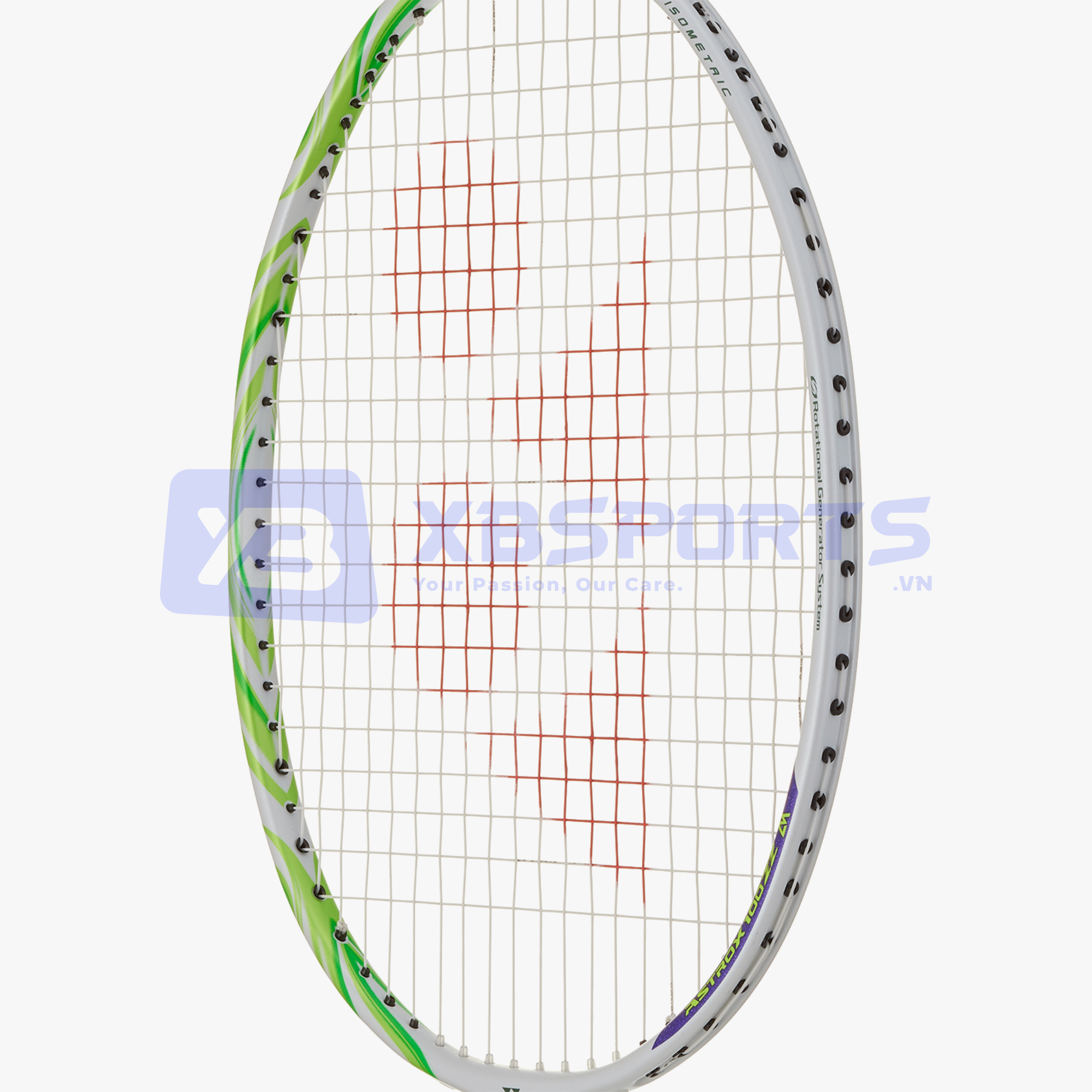 Cận cảnh khung vợt Astrox 100 Game VA màu xám be với dải xanh lá neon loang bên mép khung và chi tiết tím, logo YY đỏ in trên mặt lưới trắng